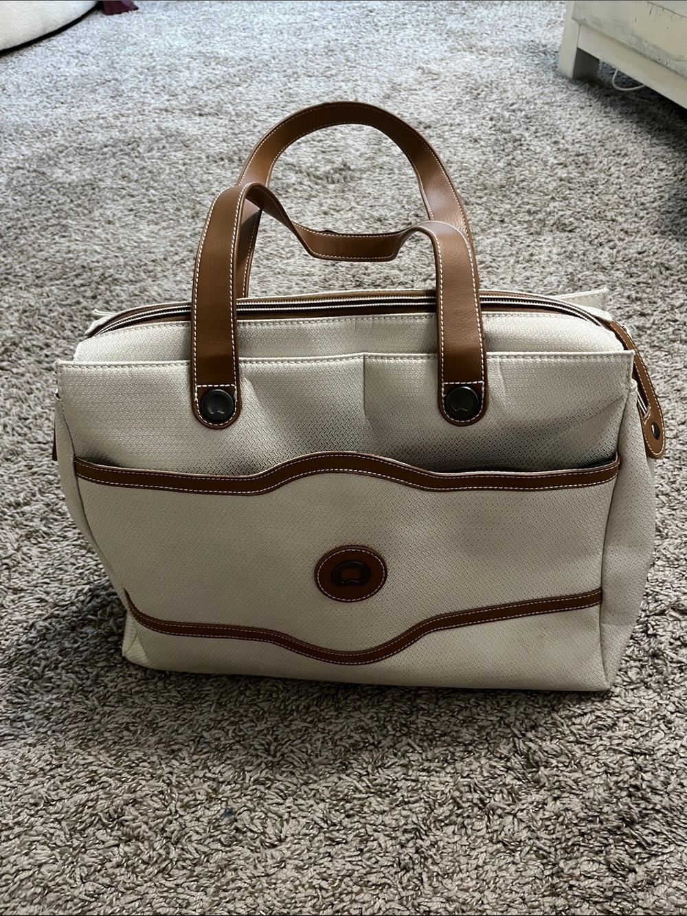 Delsey Cream and Brown shoulder/travel bag with Leather Trim